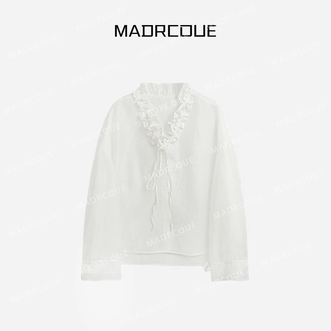 MADRCOUE 江奇怪 V领花边绑带衬衣宽松气质高级感上衣 JJC8040