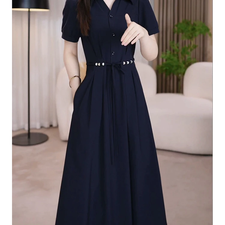 气质领短袖连衣裙女年夏季新款流行妈妈装收腰显瘦女裙子蓝色时尚