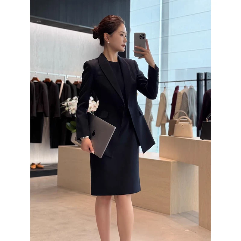 高级感修身轻职风西装外套职业小个子藏青色连衣裙时尚套装两件套