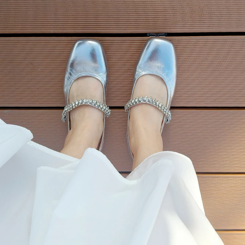 银色方头一字带水钻玛丽珍低跟软底舞蹈鞋真皮2025春夏女鞋单鞋