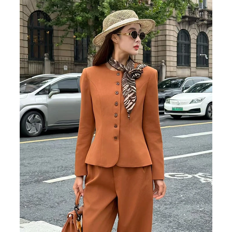 裤套装长裤职业装外套长袖洋气修身复古职业女裤套装