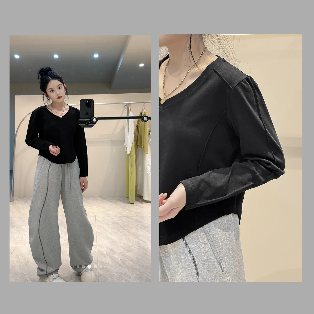 LIUUL‘2025春季打底’设计款百搭时尚V领拼条收腰休闲女打底衫-LLL