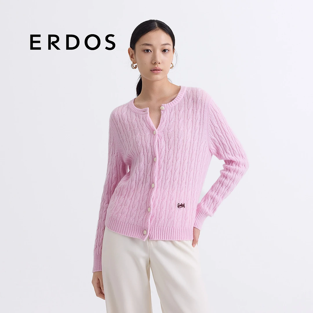 【绞花羊绒开衫】ERDOS 圆领刺绣针织外套多巴胺毛衣