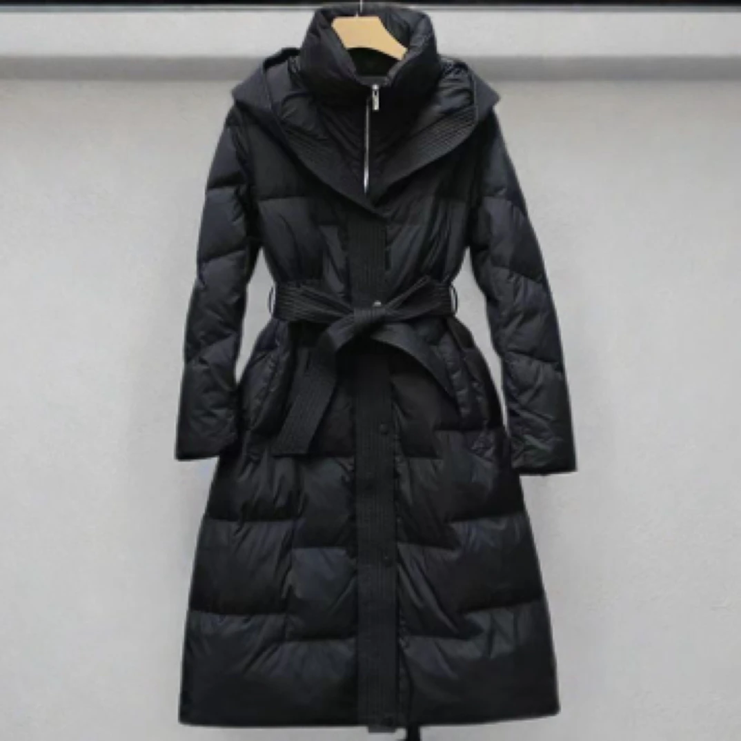 女士冬季修身收腰系腰带气质款中长款时尚保暖外套