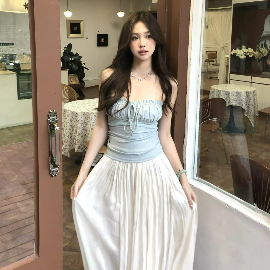 纯欲辣妹度假风蓝色抹胸吊带连衣裙子女夏季小个子半身裙两件套装