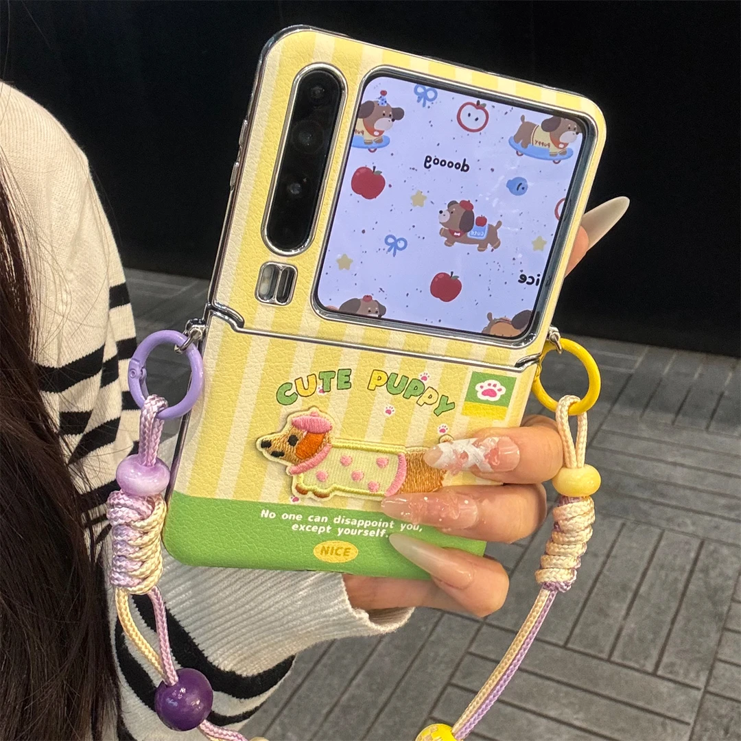 适用华为purax折叠屏手机壳电镀镜框pocket2黄绿条纹皮质刺绣狗狗