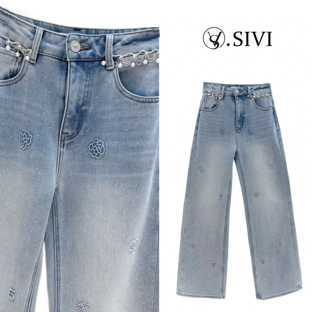 熙薇【珠星漫舞】2025冬季新款时尚重工直筒加绒牛仔裤H6571