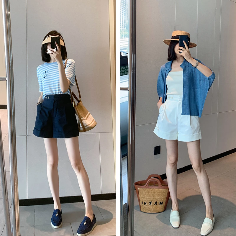 MYL直筒休闲裤2024夏季新品宽松高腰拉链阔腿裤翻边短裤