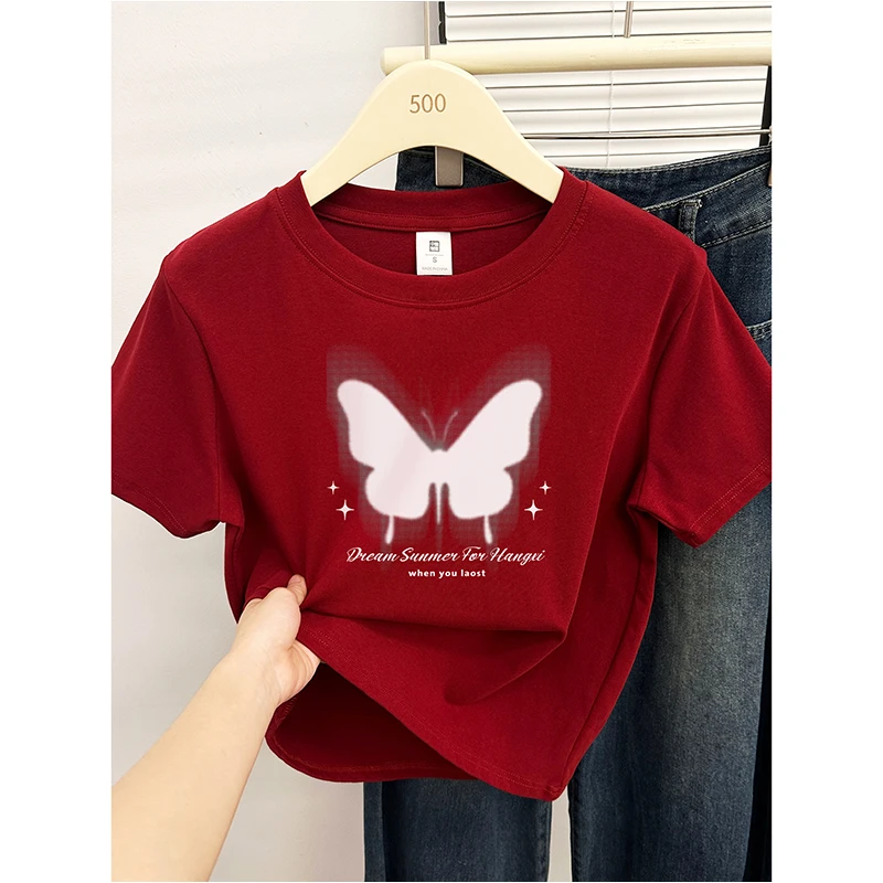 短袖圆领t恤女小众小个子夏新款印花设计感穿搭小衫正肩显瘦上衣