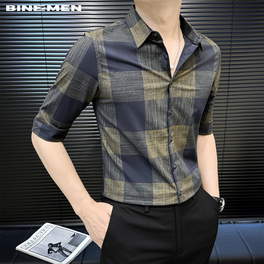 七分袖大格子衬衫男款爆款2025新款英伦雅痞风格男装男士休闲衬衣