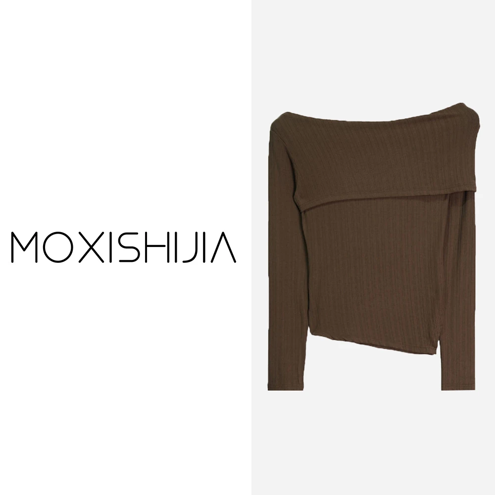 X2522-1【上新】法式一字肩不规则秋装设计感修身开叉打底衫