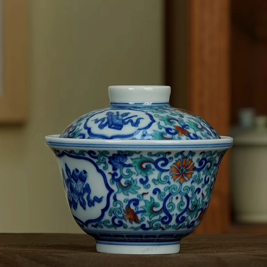 愚撤琴棋书画二才盖碗景德镇柴窑青花高档陶瓷盖碗手工泡茶茶器