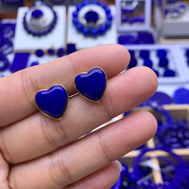 青金石耳钉银S925镀金镶嵌历****～