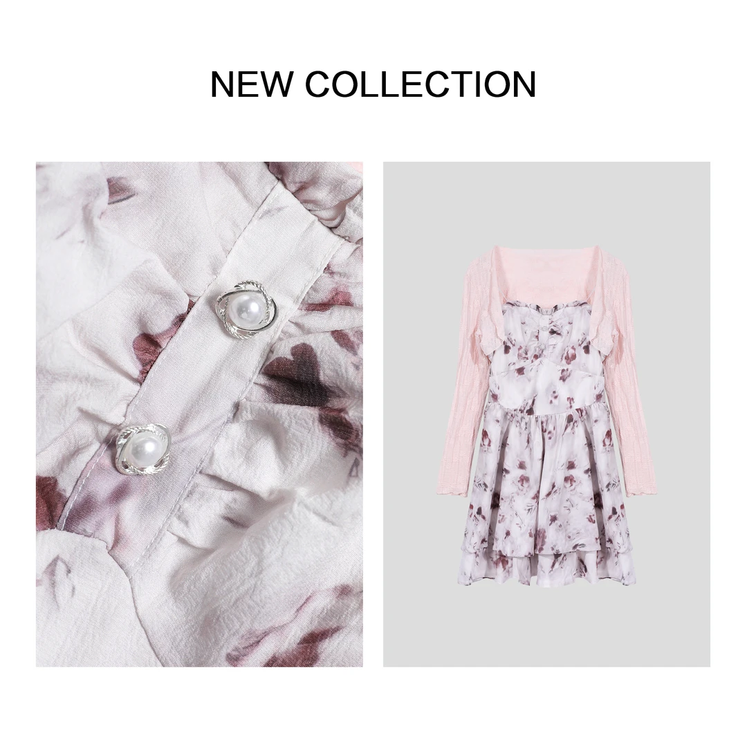 【小依专享】L1F27013淡雅花卉印花珍珠扣气质蕾丝长袖连衣裙-7013