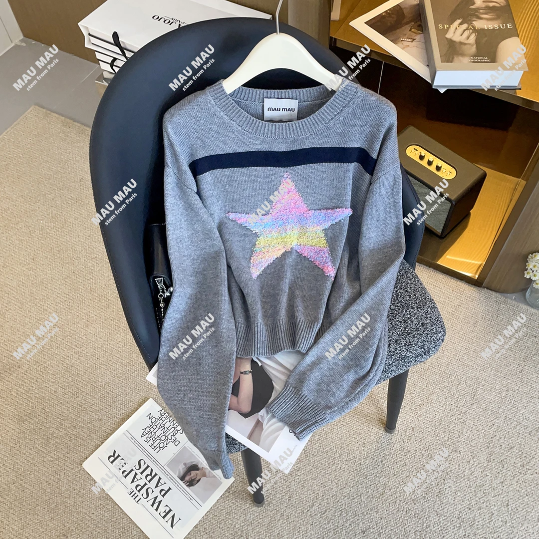 新款时尚彩色星星圆领长袖针织衫女毛衣DY9331