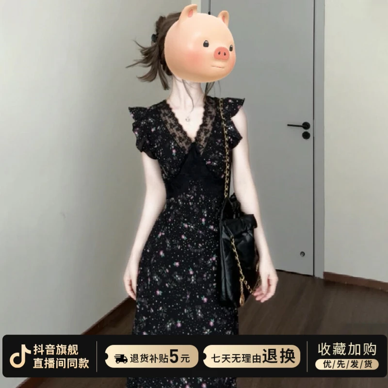 法式高级感黑色蕾丝拼接碎花连衣裙子女夏季独特漂亮掐腰气质长裙