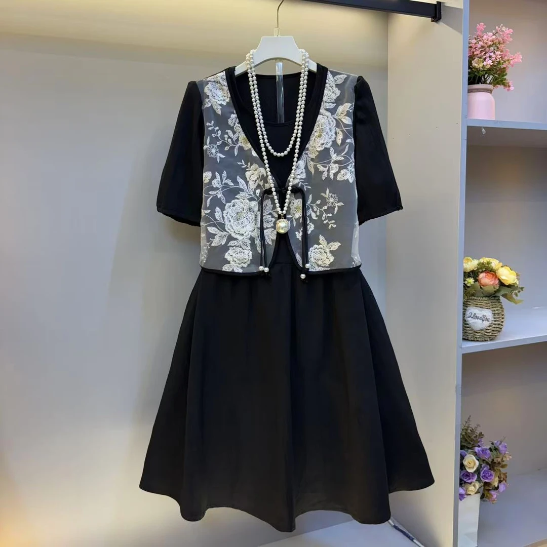 新款大码女装时尚洋改良版复古风轻奢假两件显瘦连衣裙