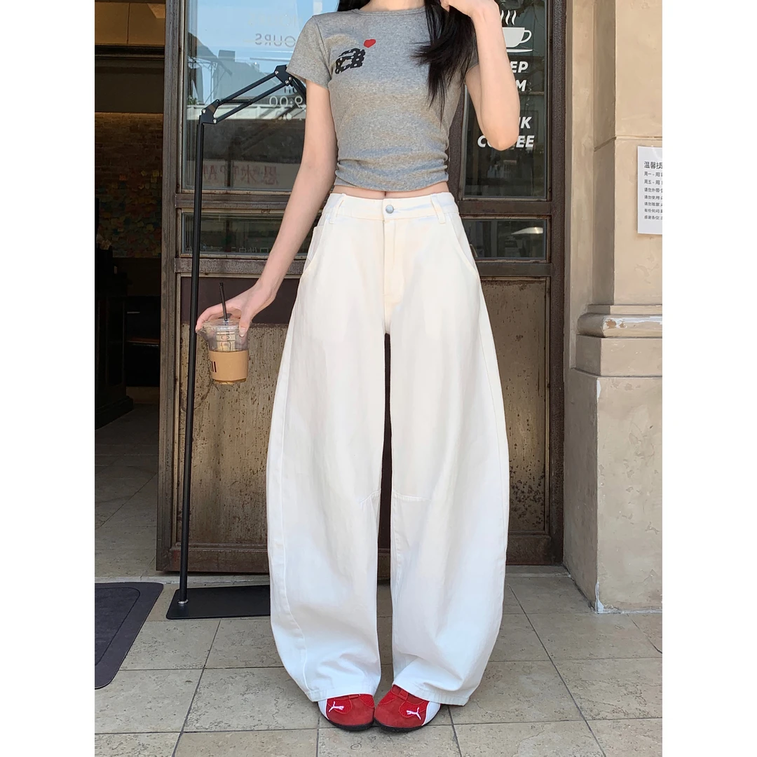 2025新款白色嘻哈街头弯刀牛仔裤女高腰百搭宽松显瘦拖地休闲裤子