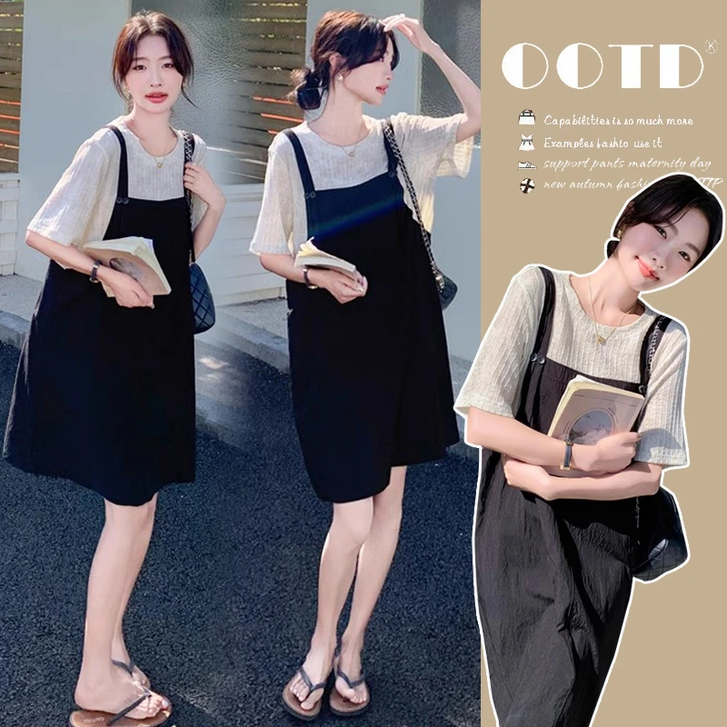 2025年孕妇夏装中长款假两件连衣裙简约百搭宽松韩版连衣裙