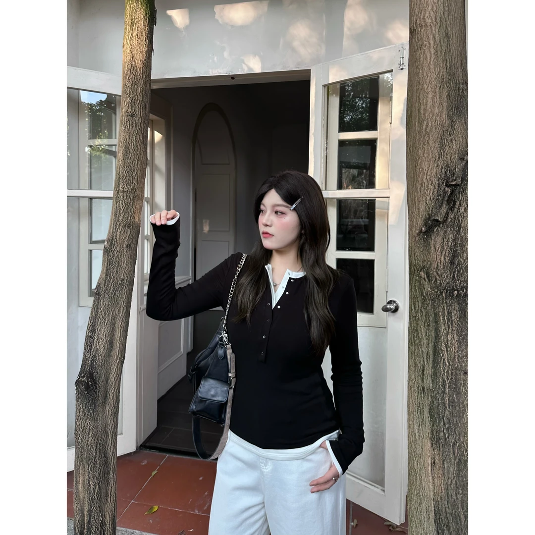 【黑系甜心】JOJO定制假两件拼接显瘦打底衫设计感长袖上衣T恤