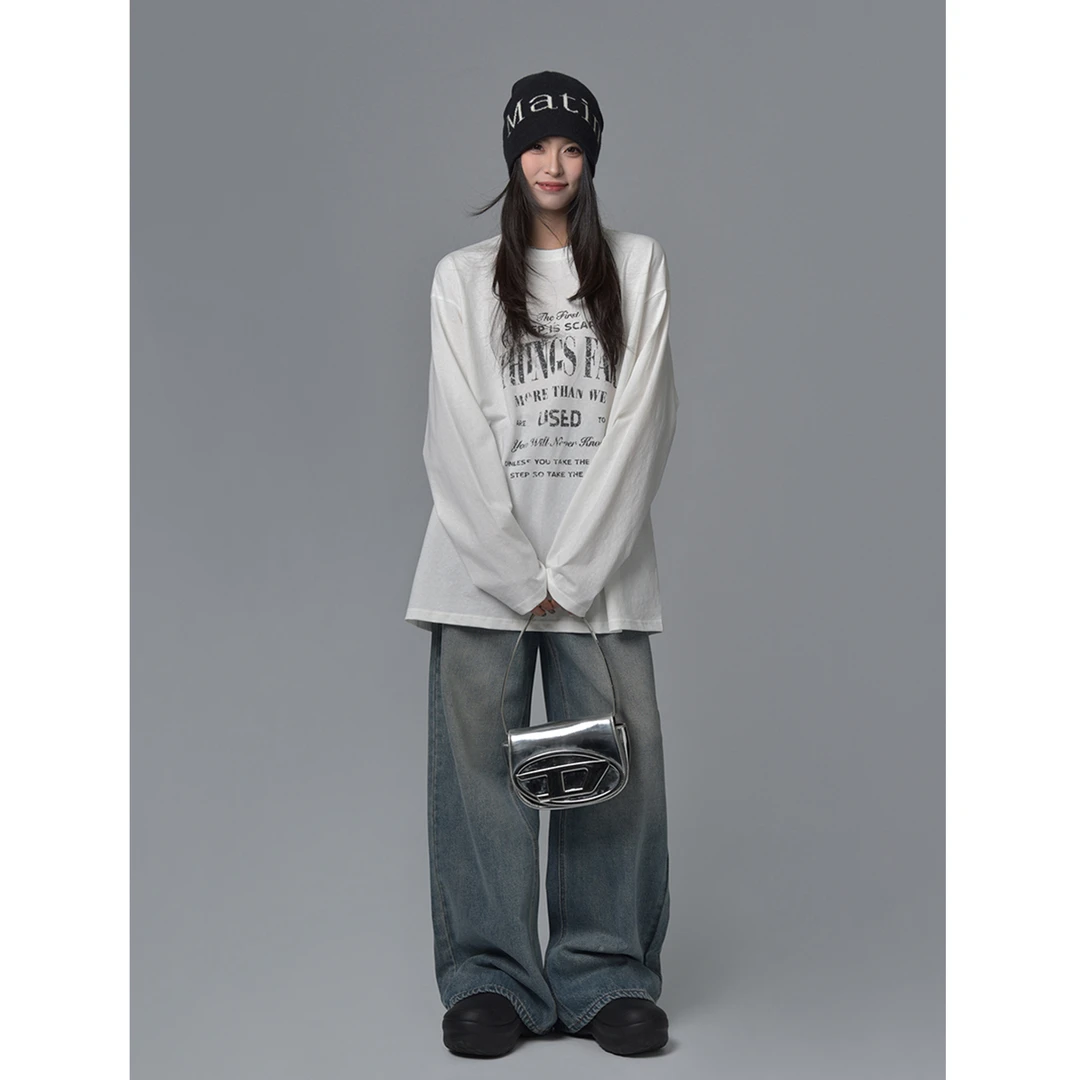 SIXI四喜家 Lazy life字母印花长袖T恤女春季宽松显瘦打底衫上衣