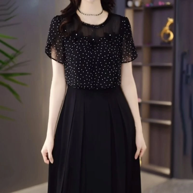高级琉璃丝时尚洋气百搭碎花假两件礼服裙2025春夏新款显瘦连衣裙