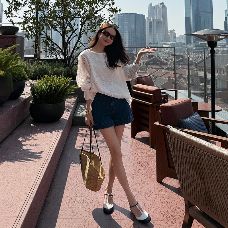 靠谱。【一眼定情】100棉复古水洗蓝高腰显瘦口袋牛仔短裤KP250501