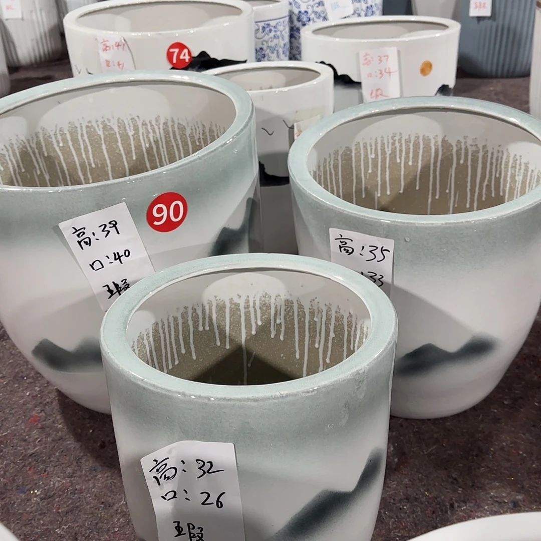 手绘山水一套三个盆微瑕