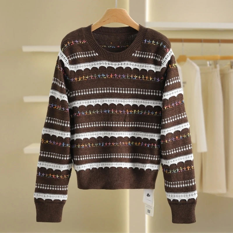 【伍莎-自营】韩版拼色条纹圆领宽松加厚毛衣#RDS48M005