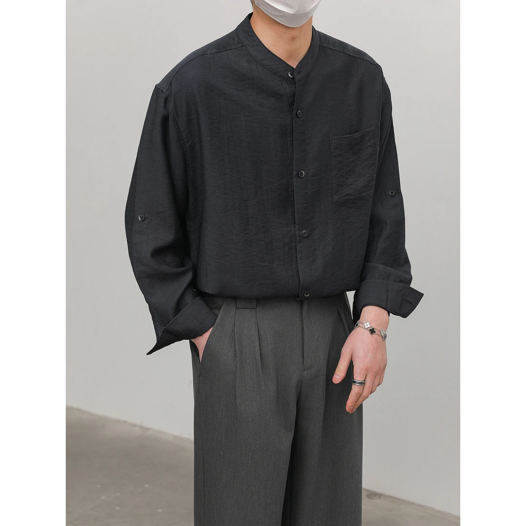 男士棉麻立领长袖衬衫 宽松休闲纯色薄款上衣春夏百搭衬衣外套