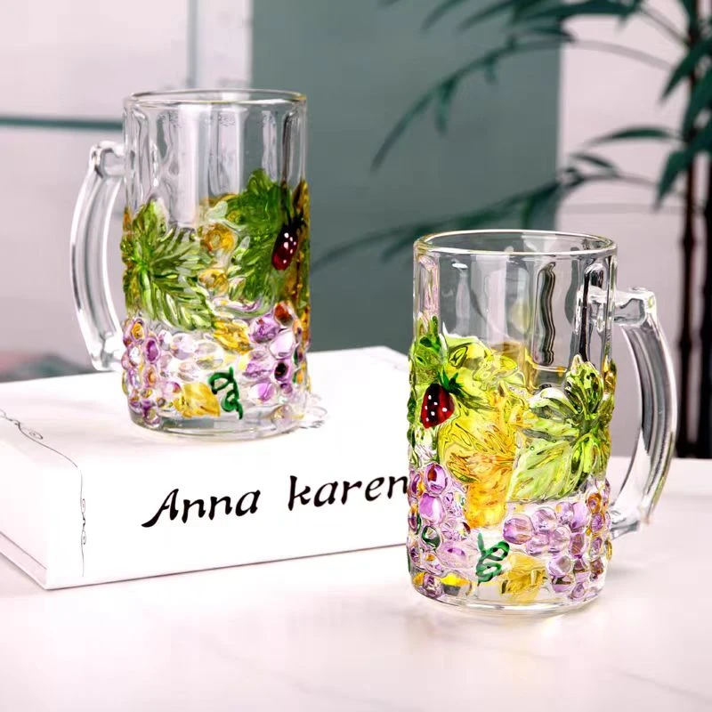 【两只装】田园彩绘水晶玻璃葡萄耐热茶杯果汁杯办公室带把水杯