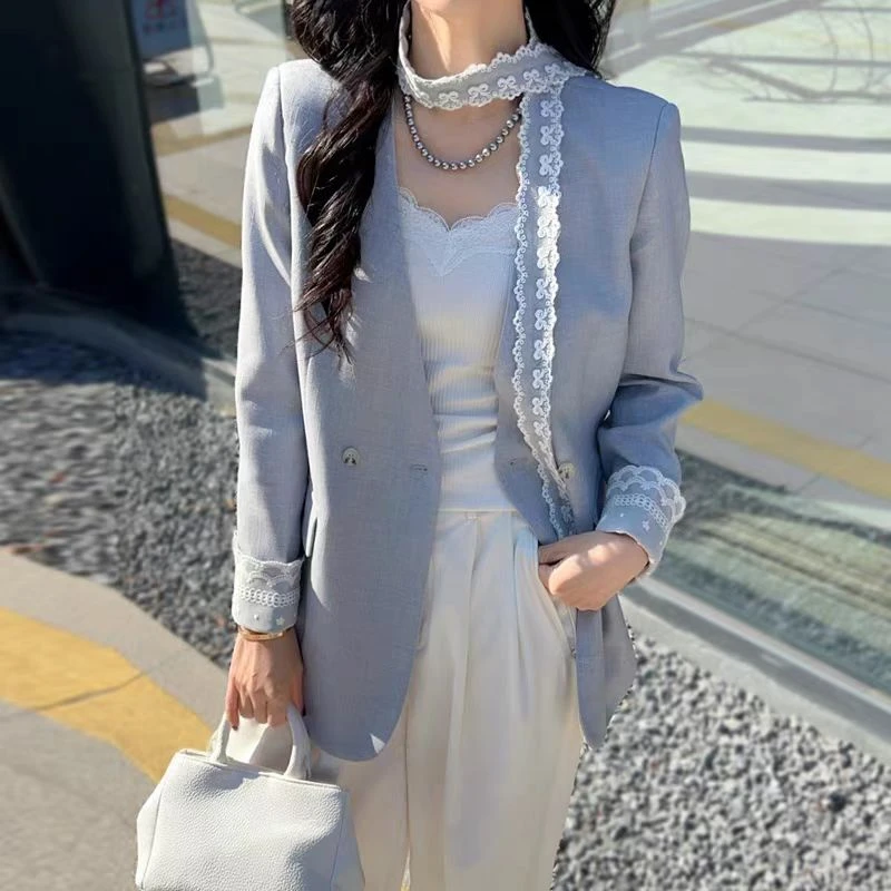 高级感蕾丝飘带V领西装外套新款直通拼接减龄上衣气质显瘦百搭