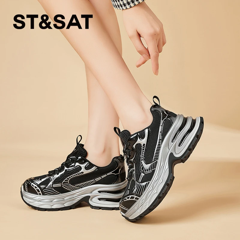 星期六女士春季百搭复古户外透气拼色系带圆头厚底时尚运动休闲鞋