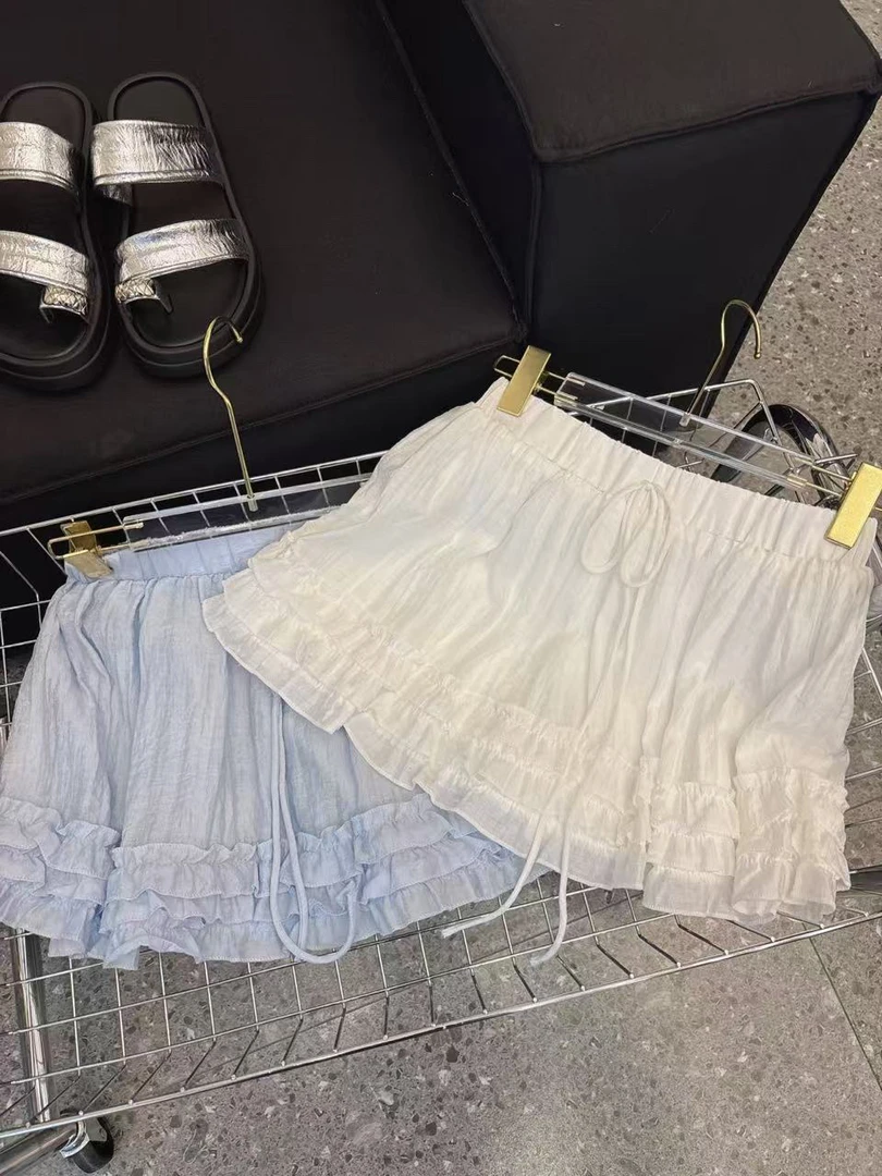 拼接高腰短裙少女风甜美半身裙纱裙韩版半裙蕾丝纯色夏款百搭