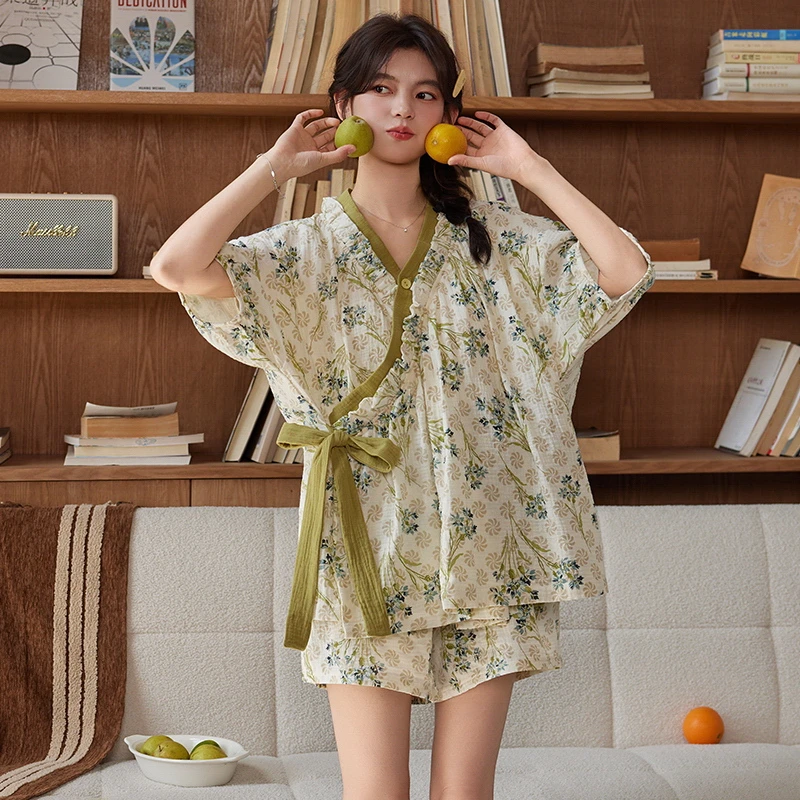 云朵棉系带和服睡衣女款夏季带胸垫短袖短裤甜美纯棉家居服可外穿