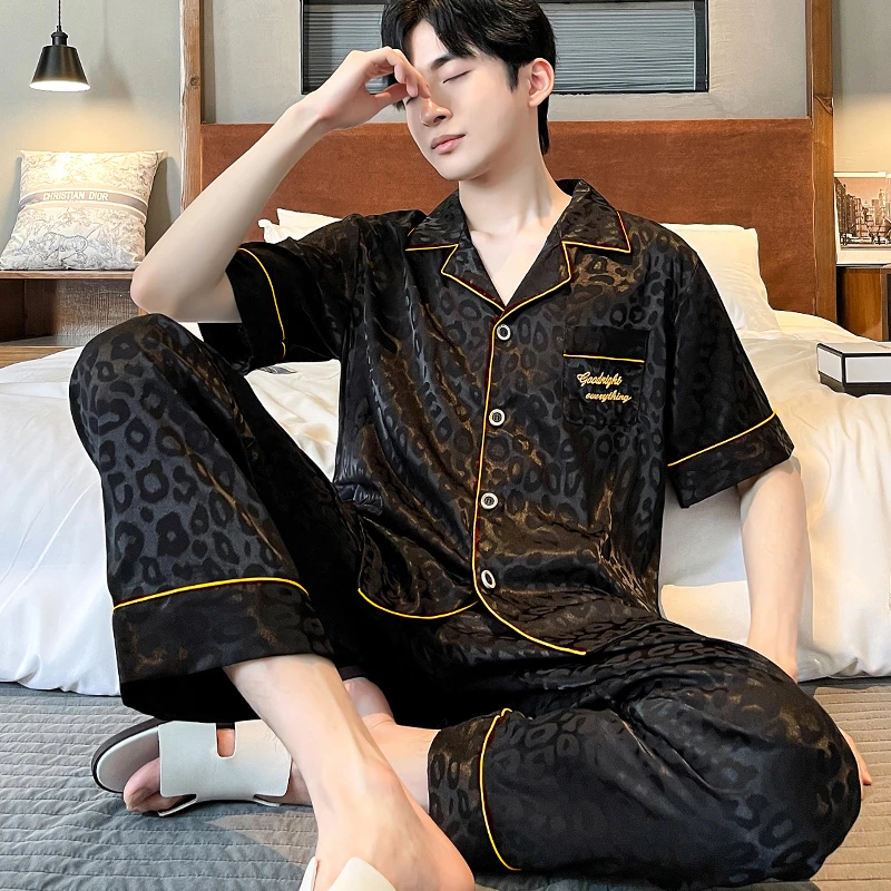 夏季男士薄款冰丝青年款丝质夏天短袖长裤两件套装休闲春夏睡衣