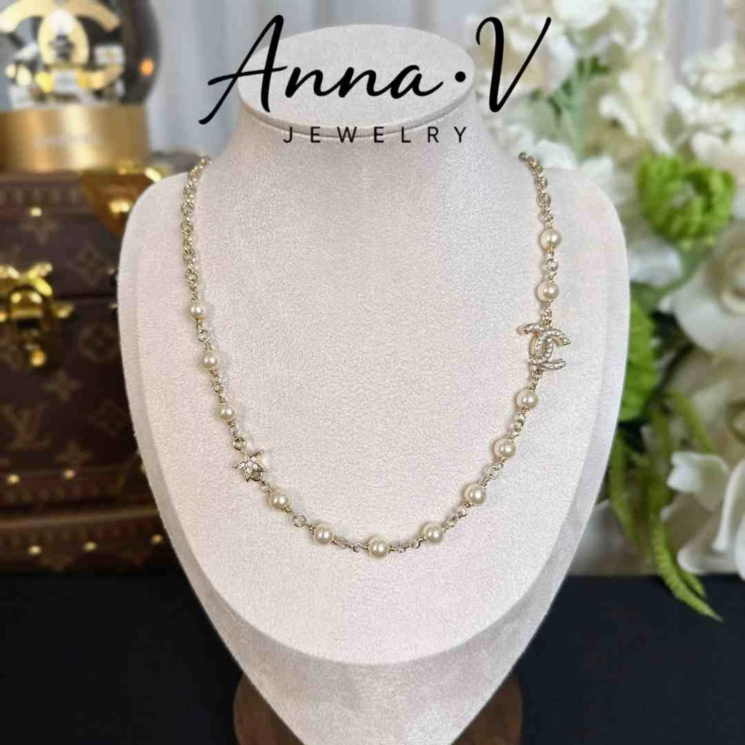 铜合金仿珍珠项链 AnnaV香奶家珍珠锆石链项链N0131