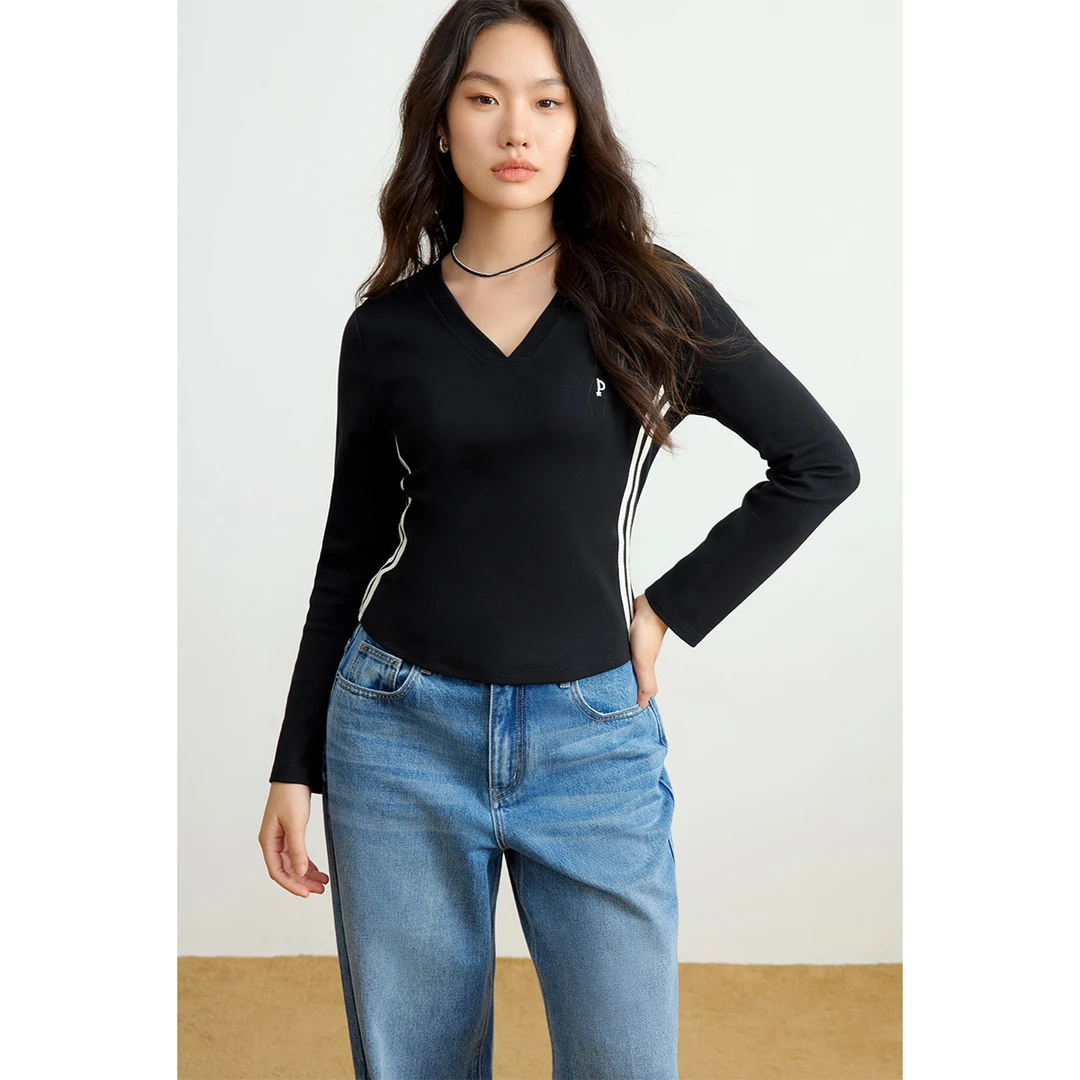 独束大码女装侧拼条字母刺绣V领长袖多色内搭时尚上衣女25DS81219