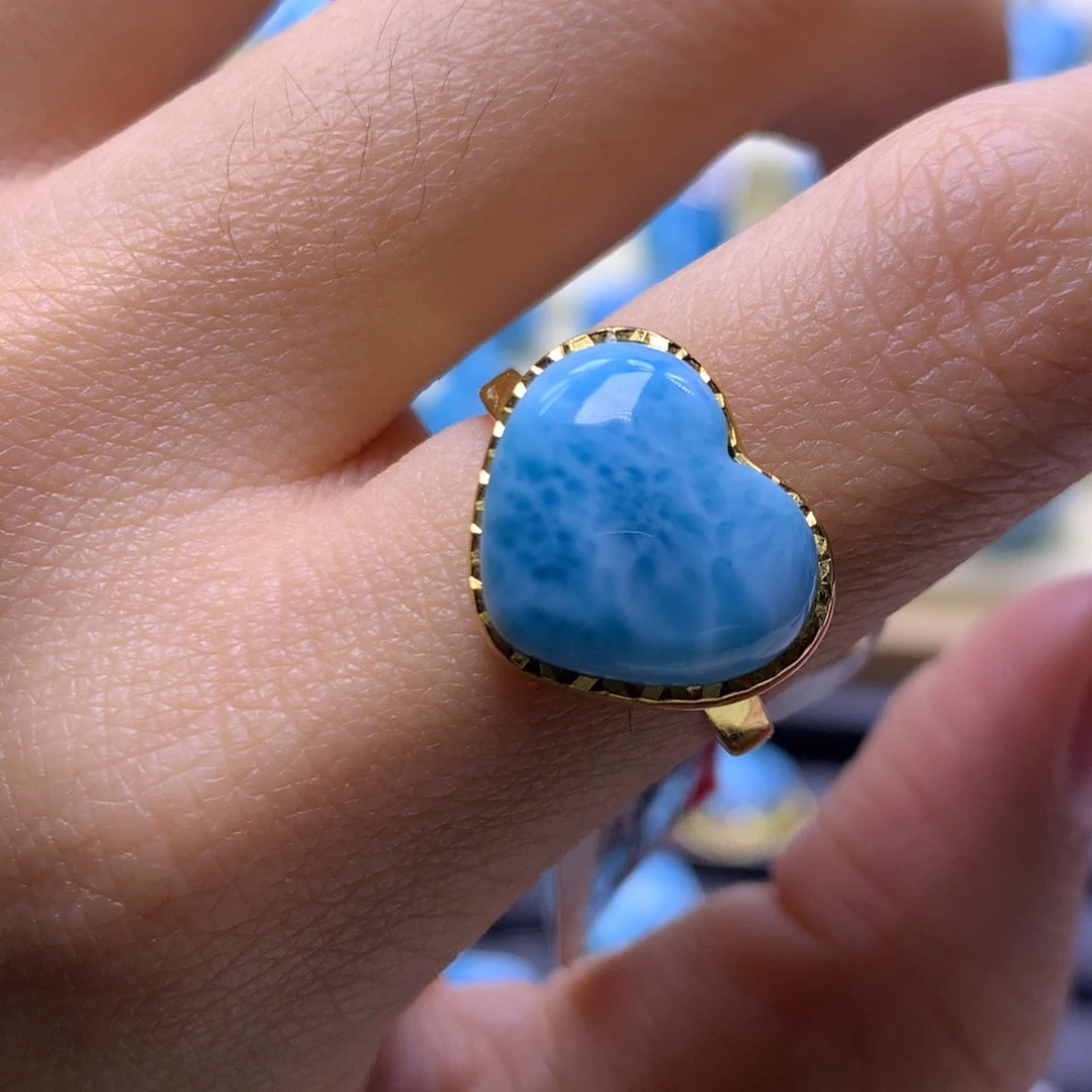 针钠钙石（海纹石）银S925镶嵌戒指爱心戒指色差略异