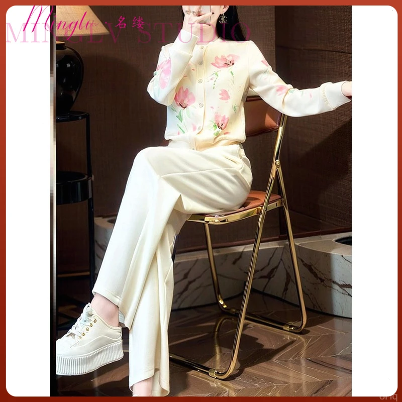 2025年秋季绝美漂亮时尚花色圆领休闲开衫直筒裤单排扣两件套装女