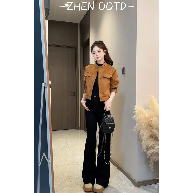 【当天发+运费险】长袖鹿皮绒小香风外套女秋新款小个子短款上衣