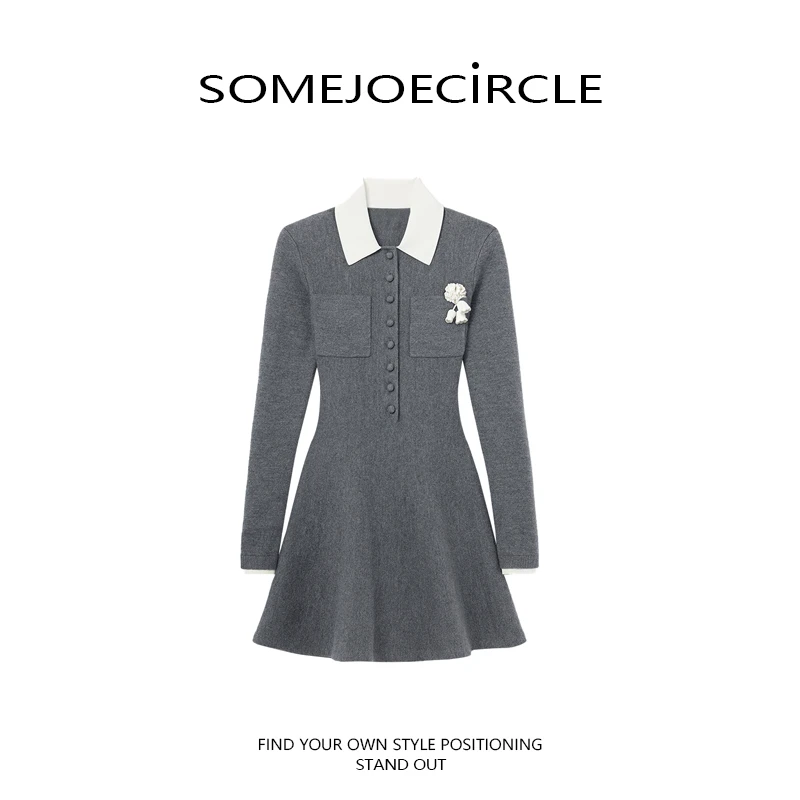 SOMEJOECIRCLE【绵羊毛混纺】25秋灰混色千金风翻领针织连衣裙Z7618