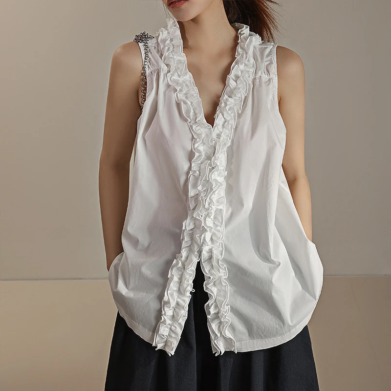 夏季女前后两穿白色无袖花边小衫木耳边花瓣马甲马夹薄款法式5160