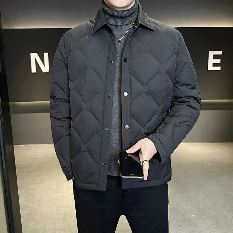 秋冬季轻薄羽绒服男士翻领韩版时尚轻奢休闲高端衬衫领保暖外套