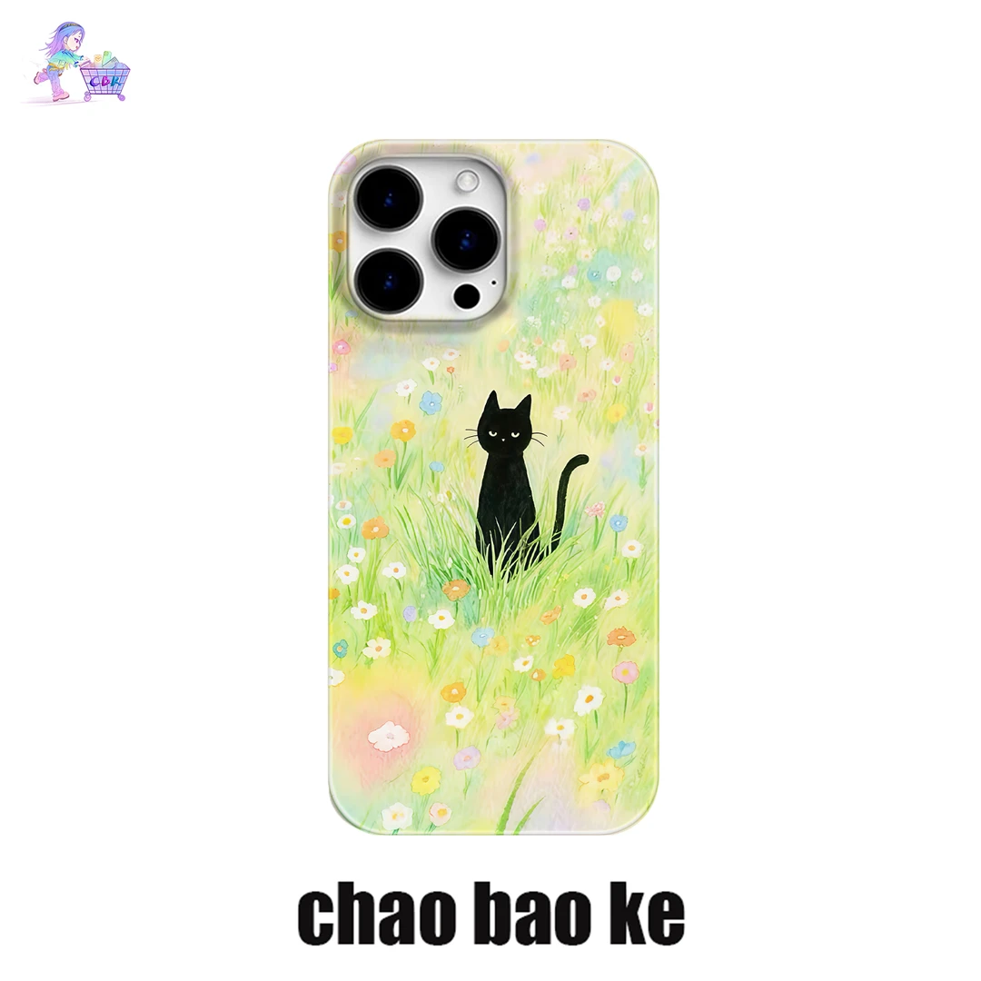春日草地黑猫适用于苹果16promax手机壳iphone15pro小众14/13趣味