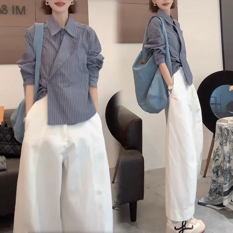 韩版轻熟不撞款套装女春秋新款收腰条纹长袖衬衫休闲阔腿裤两件套