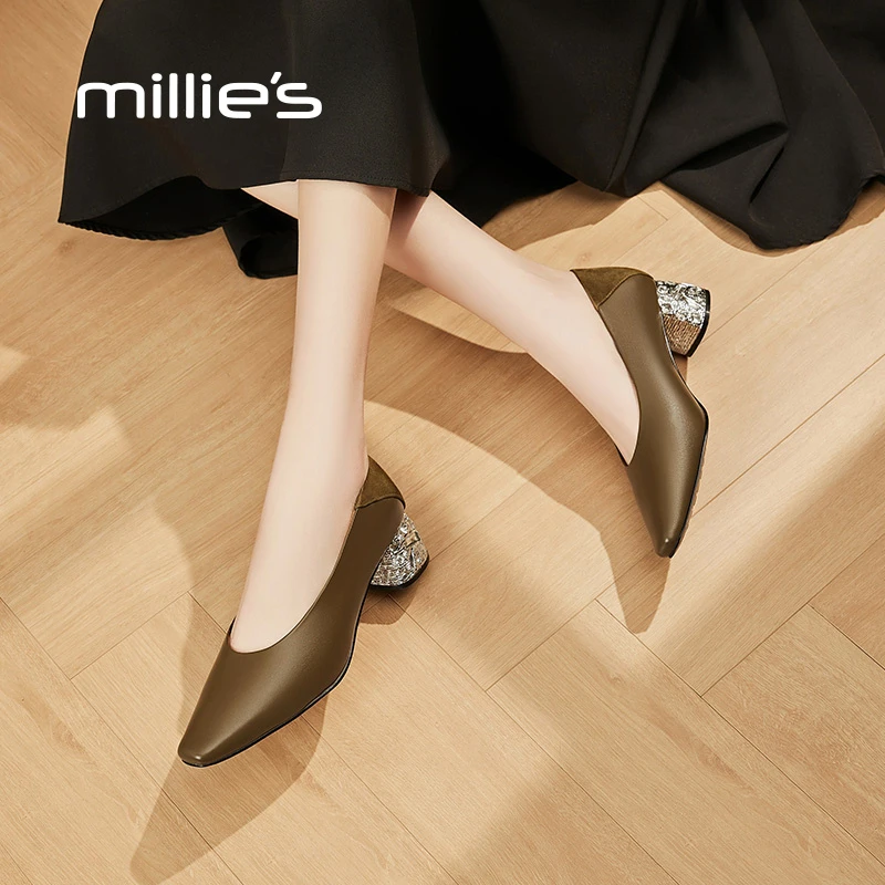 妙丽真皮粗跟单鞋女2025新款春秋季百搭中跟高跟鞋复古方头小皮鞋