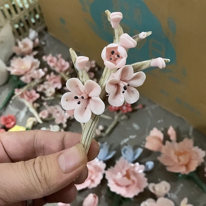 瓷片纯手工陶瓷花摆件瑕
