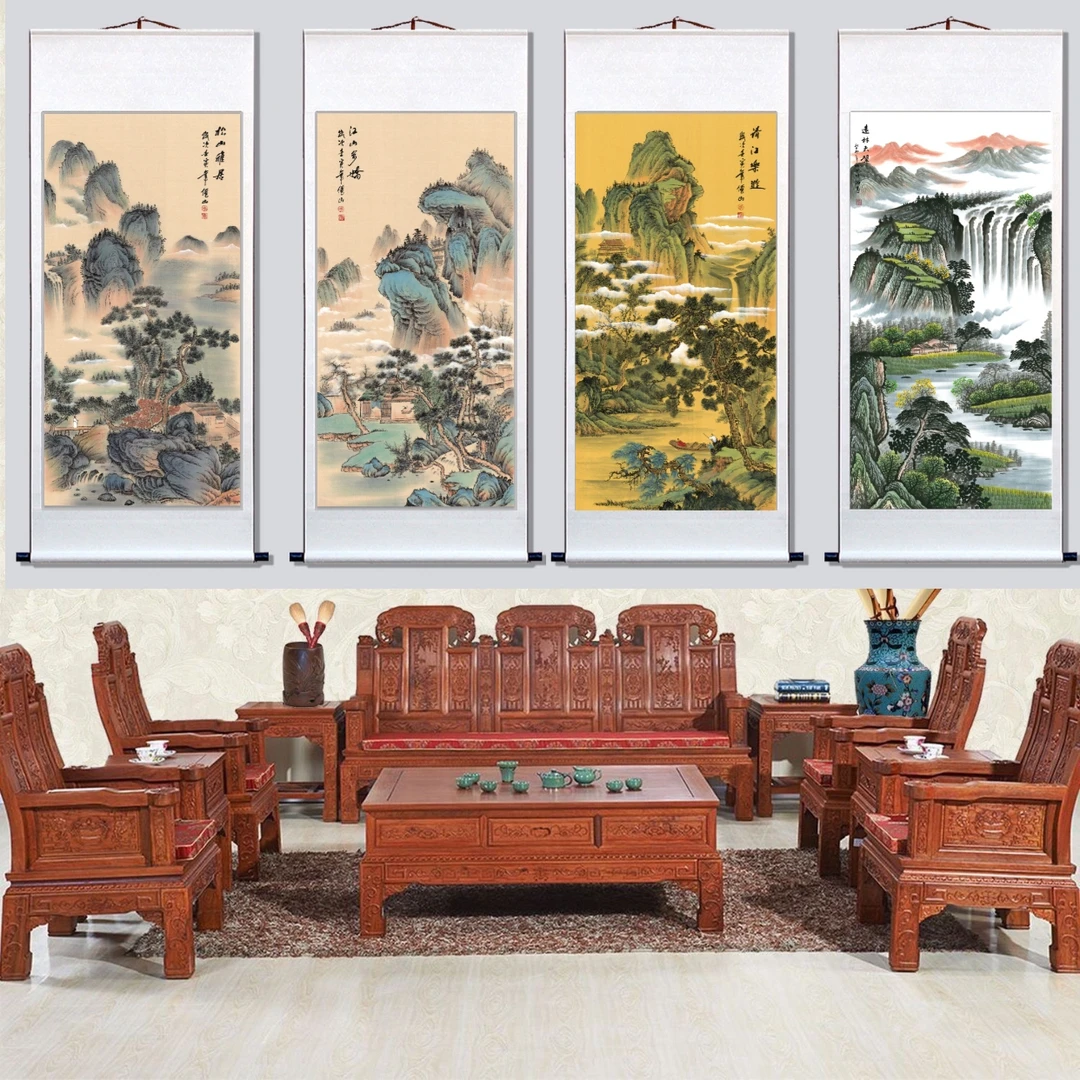 《松山雅居》四尺竖幅大四条屏山水中堂玄关书房茶室装饰挂画1.7米