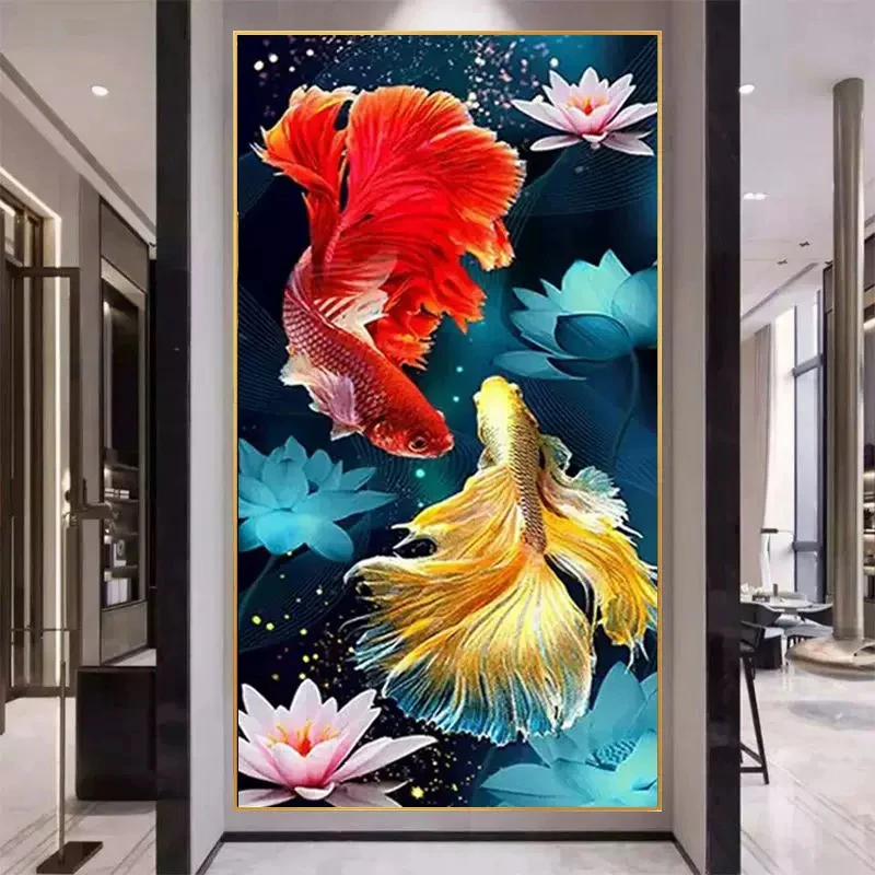 1.07米大格纯手工绣好的十字绣成品90065竖版荷花版锦鲤